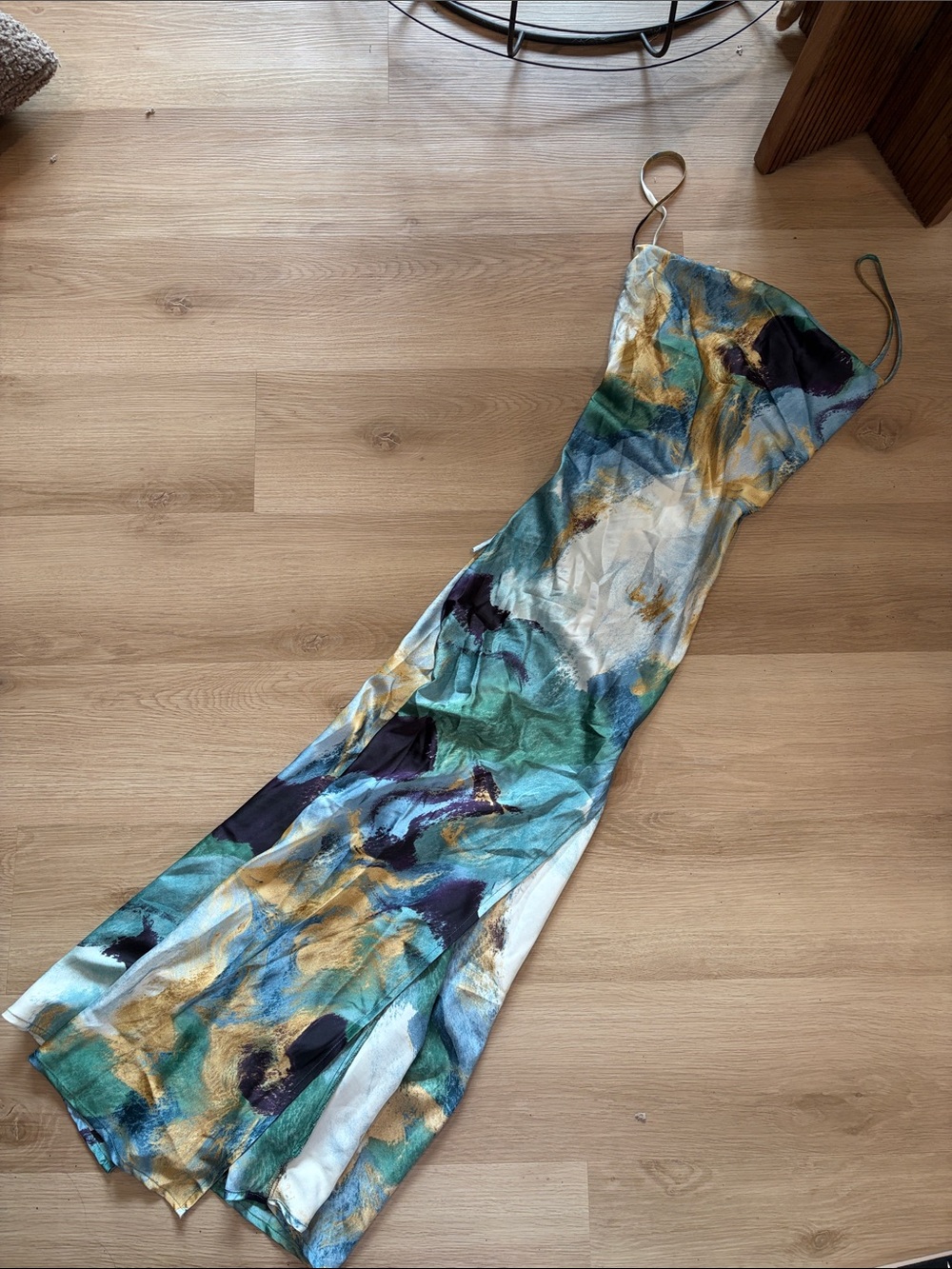 12th Tribe Abstract Satin Slip Maxi Dress in Teal, Gold & Navy